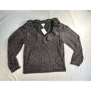 J.Crew Shimmer V-Neck Ruffle Top in a Black Metallic floral women's Large NEW‎